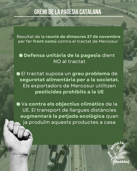 Cartell explicatiu dels resultats de la reunió de les organitzacions agràries per fer front comú contra el tractat de lliure comerç UE-Mercosur